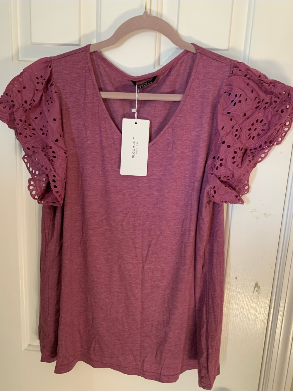 BloomChic Plum Eyelet Flutter Sleeve V-Neck Top
